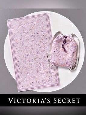 Victoria's Secret Lavender Floral Towel and Drawstring Pouch Set